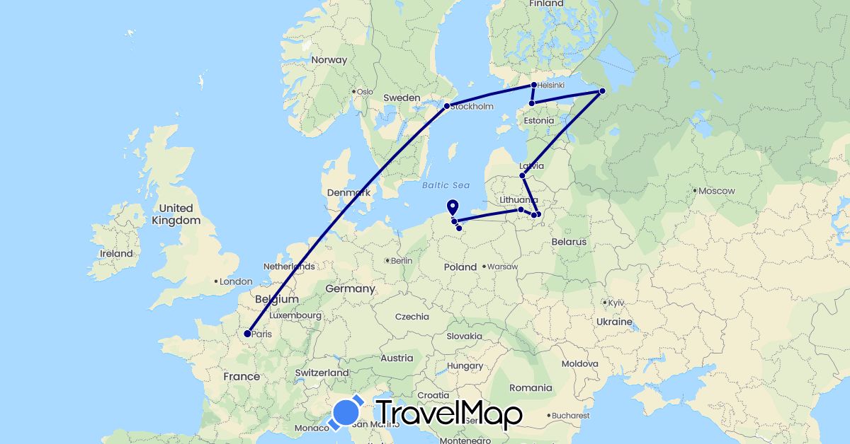 TravelMap itinerary: driving in Estonia, Finland, France, Lithuania, Latvia, Poland, Russia, Sweden (Europe)